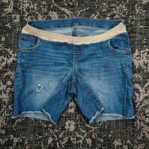 Indigo Blue Maternity Denim Shorts Women's L-XL Distressed Medium Wash READ‎